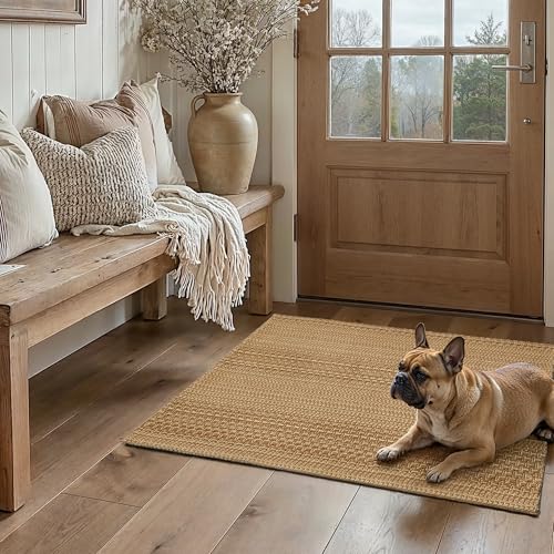 MatEssenz 2x3 Textured Washable Entry Rug Natural Woven Low-Profile Door Mat with Non-Slip TPR Backing Brown for Entryway Kitchen Laundry Room