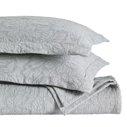 Superior 3 Piece Cotton Bedspread Set, Home Bed Decor, Decorative Bed Spread, 2 Pillow Shams, Medium Weight Blanket, Matelasse Coverlet, Bedding Essentials, Hibiscus Collection, Queen, Grey
