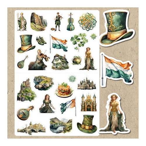 Stickers Magie Irlandaise – Lot de 27 Autocollants en Papier Mat – Thème Celtique et Féérique : Châteaux, Lutins, Trèfles, Harpe, Paysages d’Irlande...