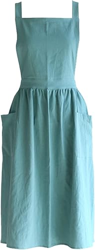 Delantal de lino de algodón con espalda cruzada, delantal vintage para mujer, con 2 bolsillos para cocinar, pintura, jardinería