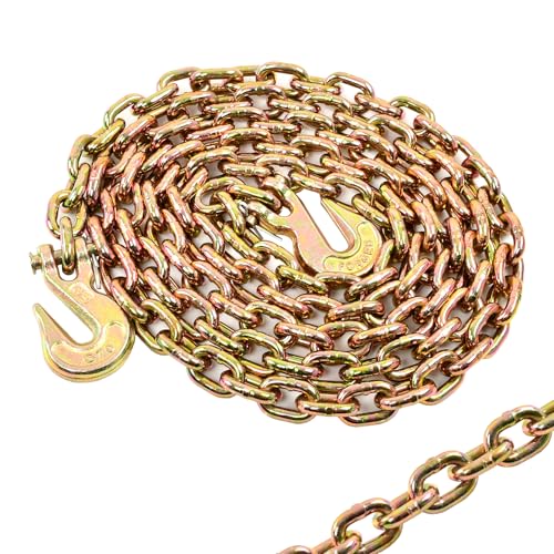BIGREAT Heavy Duty G80 Transport Binder Chain 5/16 Inch x 10 Feet Tow Chain with G70 Clevis Grab Hooks 4900 lbs Safe Working Load Logging for Transporting Towing(5/16 x 10FT Yellow).