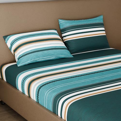 Image of BLISSHOME SoftTouch 150TC Cotton King Size Fitted Bedsheet with 2 Pillow Covers, Silky Smooth Bedding Set, Breathable, Easy Maintain, Geometric Pattern - Green (183cm x 198cm + 25cm Drop)