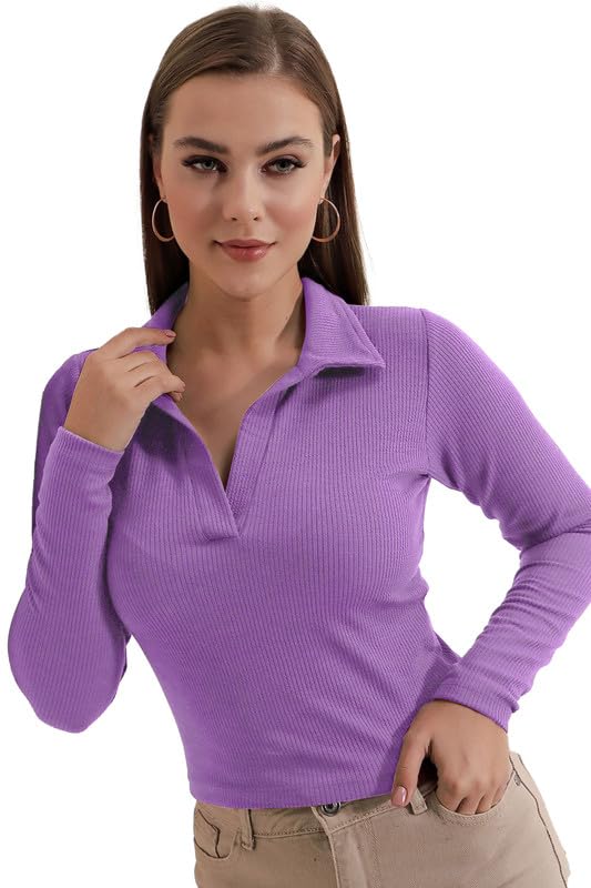 Image of Dream Beauty Fashion Women's Collared Neck Long Sleeve Slim Fit Casual Tee Top, 23 inch inches (Apple-01-P)