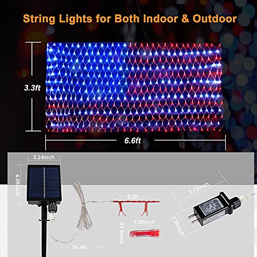 MUYUN American Flag Lights Solar Powered&Plug-in, 420LED Flag Net Light with Remote, 8 Modes Fairy String Light for Christmas Decorations Party Home Decor July 4th Independence Day - Image 5
