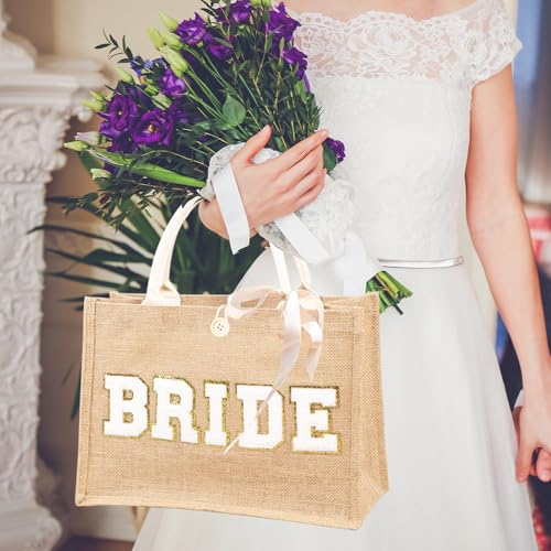 Image of Bride Tote Bag Bachelorette Party Bride to be Gift Bag Jute Boho Wedding Bridal Shower Bride Beach Bag
