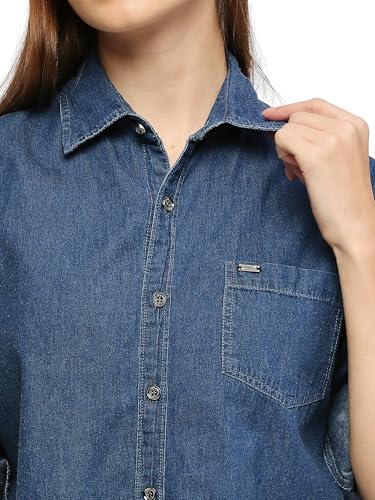 Image of Women's Denim Shirt with Roll-up Sleeves, Blue, 100% Cotton | Classic Denim Shirt | Shirt for Women Stylish Western | Beach Summer Shirt for Women