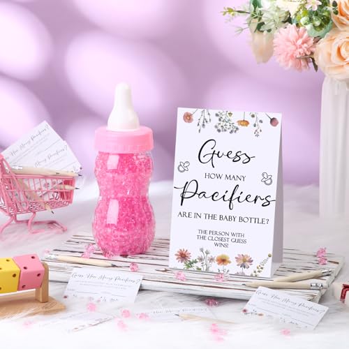 Image of Roowest 512 Pcs Baby Shower Games Guess How Many Pacifiers Sign 100 Small Guessing Games 10 HB Pencils 750ml Milk Bottle 400 Acrylic Pacifiers Decoration for Guest Gender Reveal(Pink,Wild Flower)
