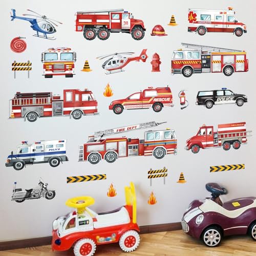 decalmile Stickers Muraux Camion de Pompiers Voiture Autocollant Mural Transport Voitures Véhicules Décoration Murale Garçon Chambre Enfants Salle de Jeux