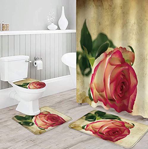 ZDDWLDL 4Pcs Duschvorhänge Set Mit Rutschfesten Teppichen,Toilettendeckel und Badematte Braune Grüne Rosa Rosenblüte…