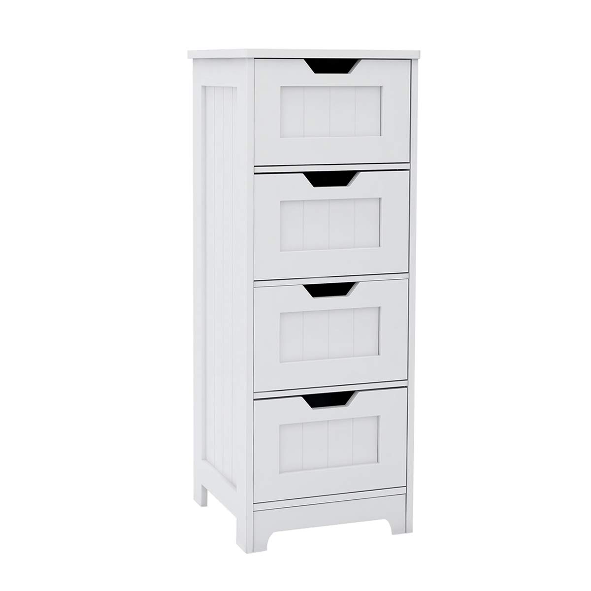 Bathroom Floor Cabinet RASOO White Freestanding Storage Organizer Cabinet with 4 Drawers for Bathroom, Living Room, Kitchen, 11.81"x11.81"x32.68"(LxWxH)