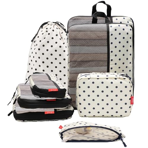 U+U 8 Set Compression Packing Cubes - Ultralight Travel Organizers with Laundry Bag and Cosmetic Bag, Space-Saving Suitcase Organizer for Travel, Business Trip and Family Vacation (Polka Dot)