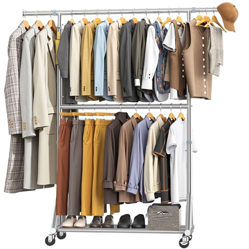 FYBEE Heavy Duty Clothes Rack Load 860LBS, Rolling Double Rods Clothing Racks for Hanging Clothes...