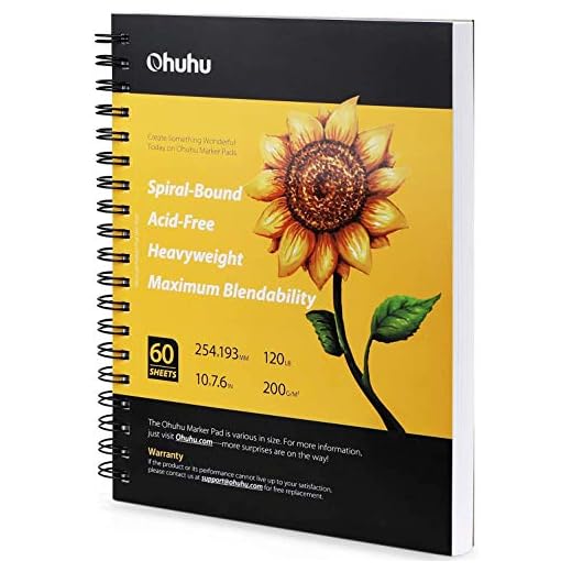 Ohuhu Cuaderno de dibujo artístico, 25,4×19,3cm, Tamaño cuadrado, fácil de transportar 200GSM Hojas de dibujo liso, 60hojas/ 120 páginas, encuadernado en espiral, para rotuladores a base de de alcohol