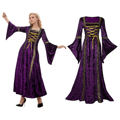 YORDET Vestido medieval de terciopelo para mujer, disfraz renacentista, estilo victoriano, vintage, para fiesta de cosplay (Morado, L)