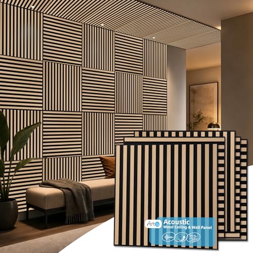 Image of Art3d 12-Pack Acoustic Slat Panel & Ceiling Tile, 2 x 2 ft, Natural Oak