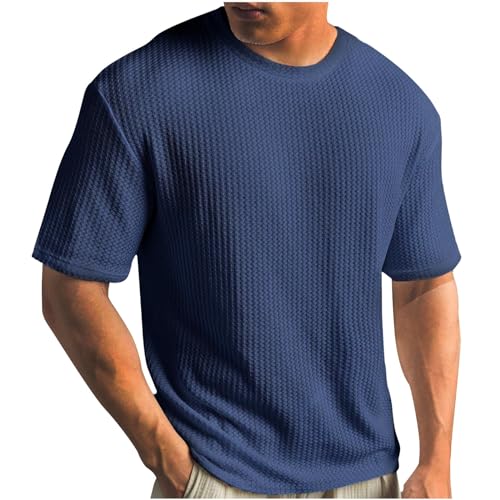 Große Größen Strick Tshirt Herren Einfarbig Feinripp T-Shirt Casual Rundhals Strickshirt Sommer Gerippt T Shirt Waffle Sportshirt Leichte Kurzarm Oberteile Bequem Basic Top Fitnessshirt S-5XL