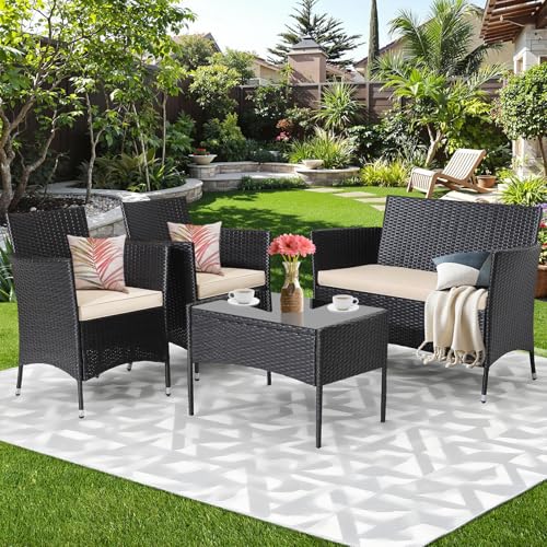 4-Piece Patio Conversation Set, Wicker Outdoor Furniture Set with Loveseat, Armchairs and Glass Top...
