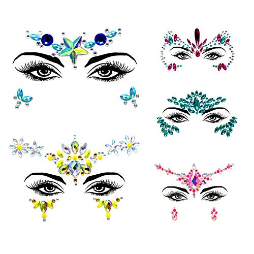 5 sets Face Gems, Halloween Waterproof Crystals Facial Jewels Tattoos Tick on Eyes Face Fit Rhinestone Temporary Stickers for Halloween Party Carnival Decorations For Women girls