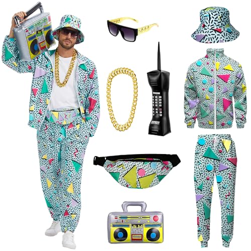 PWQMGY Retro 80s 90s Outfit for Men - 8-Piece Vintage 80s Halloween Costumes for Men-Tracksuit Set...