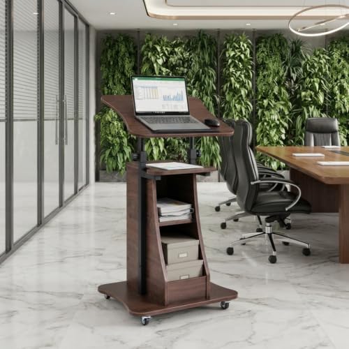 Image of POWERSTONE 2PCS Sit to Stand Mobile Lectern Teacher Podium Stand Brown | Rolling Laptop Desk Cart with Storage Shelves, Casters, Swivel Top, Height Adjustable, for Classroom, Concert, Church