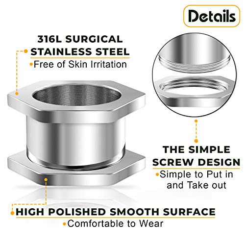Pair of Surgical Steel Polished Hexagon Screw-Fit Flesh Tunnels Piercing Jewelry Stretcher Ear Plugs Earring Lobe4