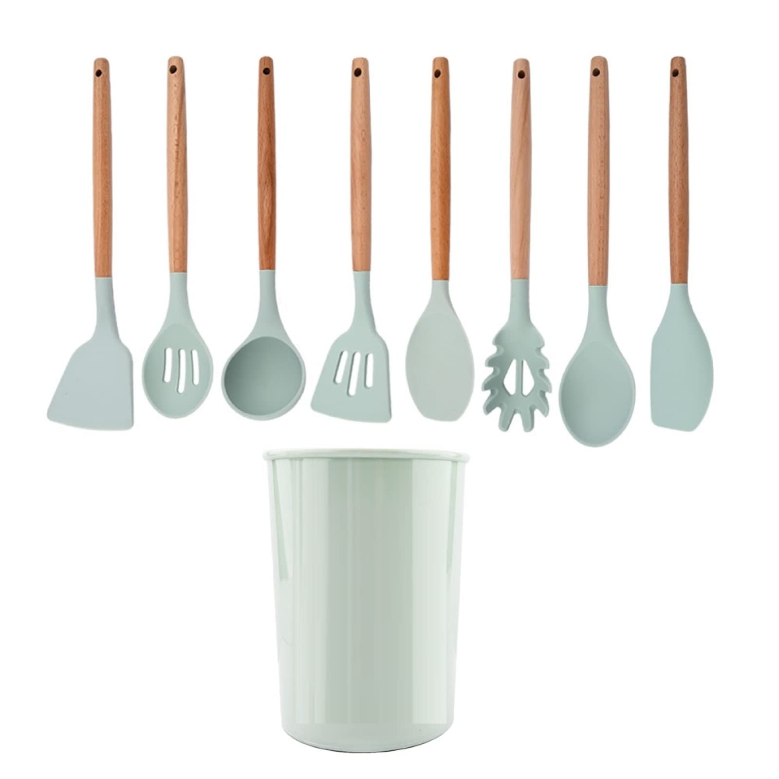 GTHTUHFD Cooking Spatulas And Spoons,Spoon Setcooking Utensils Set Silicone Kitchen Utensil Nonstick Cooking Utensils Wooden Handle Cookware Baking Gadget Set,Mint Green 9pcs