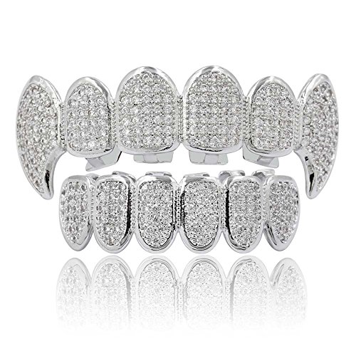 JINAO 18k Gold Plated All Iced Out Luxury Rhinestone Gold Grillz Set with Extra Molding Bars Included (Silver Vampire Set)
