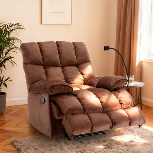 Cooexult Oversized Recliner Chair with Phone Holder, Manual Velvet Big Man Recliners Supports Up to 400 LBS, Extra Wide Recliner Chairs for Bedroom, Living Room and Home Theater, Brown