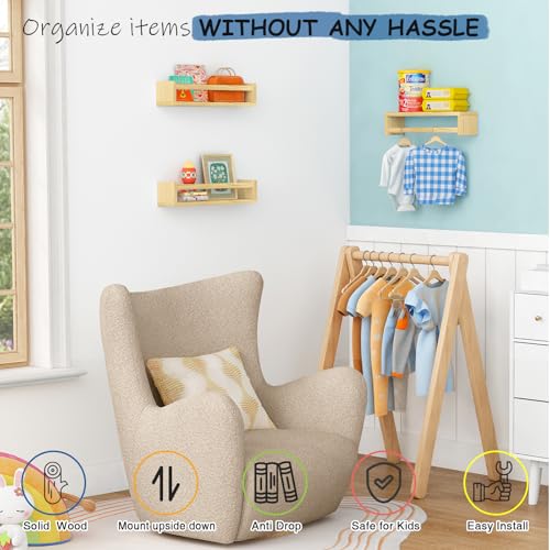 Floating Nursery Book Shelves for Wall, Natural Wood Wall Bookshelf for Kids Room Bedroom, Small Wooden Hanging Baby Book Shelf and Toy Organizer for Nursery Girl Boy Toddler Child - Set of 3 - Image 6