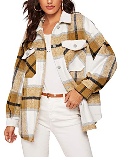 Springrain Womens Plaid Flannel Shacket Wool Blend Button Down Casual Shirt Jacket (Khaki-S)