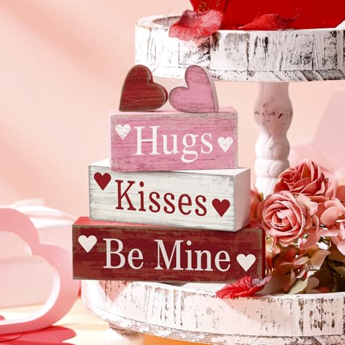 Image of Moucuny 4 Pcs Valentine's Day Table Decorations Wooden Heart Valentine Tiered Tray Decor Valentine Day Centerpiece Rustic Decorative Heart Block Signs Gift Farmhouse Valentines Decor for Home Kitchen