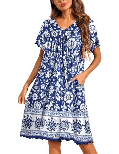 Image of Ekouaer Nightgowns for Women Short Sleeve House Dress with Pockets Pleated Soft Moomoo V Neck Sleepwear