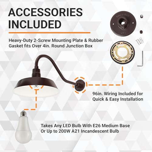 Image of 14in. Architectural Bronze Outdoor Gooseneck Barn Light Fixture with 22in. Long Extension Arm - Wall Sconce Farmhouse, Vintage, Antique Style - UL Listed - 9W 900lm A19 LED Bulb (5000K Cool White)