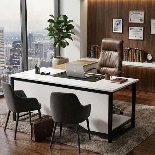 Image of Executive Director Desk | Office Table | Manager Cabin Work Desk with Modesty Panel & Cable Grommet | Sturdy Metal Frame | White Top & Black Base | DIY Installation.