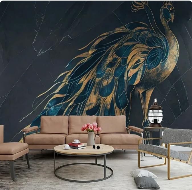 Papier peint paon doré pour s'évader, fresque murale poétique 3D noire