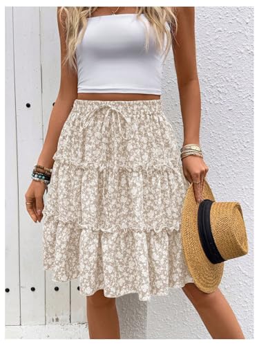 Verdusa Women's Boho Floral Tiered Ruffle Skirts Drawstring Flowy Flared Knee Length Skirt4
