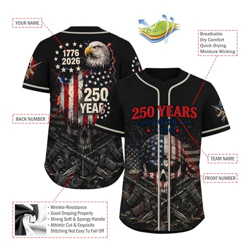 Men's Patriotic Skull Baseball Jersey 250 Years USA Independence Shirt American Flag Button Down Sports Jersey miniatura 3