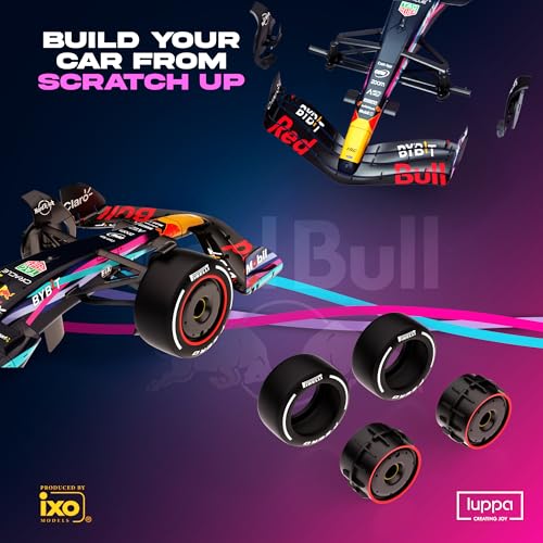 Image of Formula 1 Miami GP RB19 Model Kit - 1:18 Scale Argentinian fan competition winner. Neon pink & teal Miami Vice F1 RB19 Model Inspired by Max Verstappen Building kit, Collectible diecast, 140 Pieces
