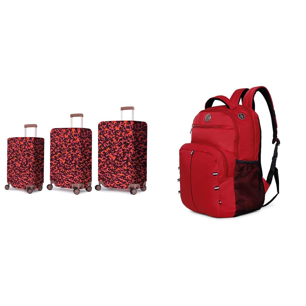 polyester fabric stretchable & washable protective luggage cover set of 3 for 50 cm - 55 + global 25.91 liters water repellant 17.32" laptop backpack with rain cover for casual,