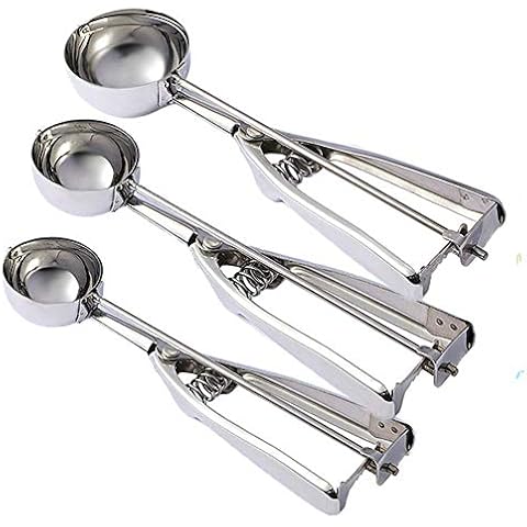 Yieon Ice Cream Scoops, Cookie Scoops Set-3PCS Stainless Steel Trigger Kitchen Scoop for Melon Baller, Baking, Fruit Salad Scoop-Cookie Scooper with 5 Measuring Spoon Kit-Dishwasher Safe Cover