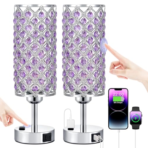 Hong-in Crystal Lamps Set of 2, 3 Way Dimmable Touch Lamp with Crystal Shade, Bedside Nightstand Lamps for Living Room Bedroom Home Office(Purple)