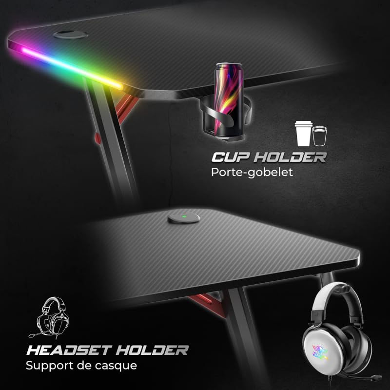 Bureau Gaming HEADQUARTER 250, 120 x 60 cm, LED RGB 8 Modes, Support Casque, Porte-gobelet, Design en Z, Noir avec Effet Carbone