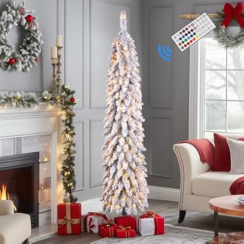 Alupssuc 7.5FT Pre-Lit Snow Flocked Pencil Christmas Tree with Remote Controlled Multi-Color RGB Lights, 652 Branch Tips, 250 PreLit Multi-Color RGB Lights, for Holiday Office Home Party Decor 7.5 FT Cover
