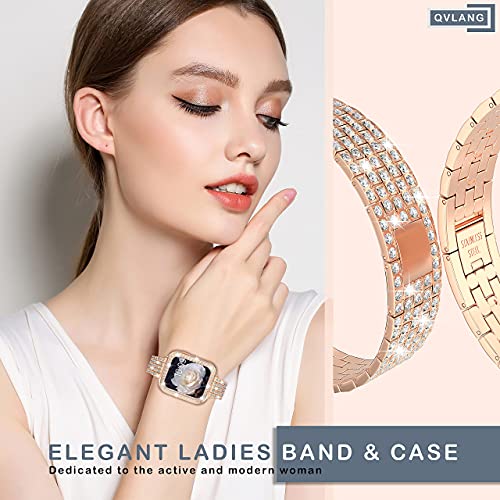 Image of QVLANG Compatible for Apple Watch Band 38mm Series 3 /2 /1, Diamond Rhinestone Case + Women Bling Band Stainless Steel Metal Bracelet for iWatch (Rose Gold, 38mm)