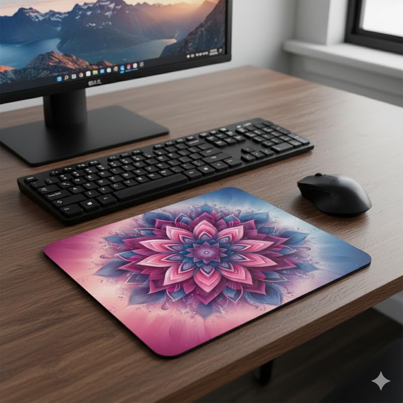 Image of Shivor Artistic Mandala Mouse Mat | Pink Blue Floral Printed Desk Mat | Smooth Cloth Surface | Non Slip Rubber Base | Durable Stitched Edges | Compatible with Optical and Laser Mice | Square Size