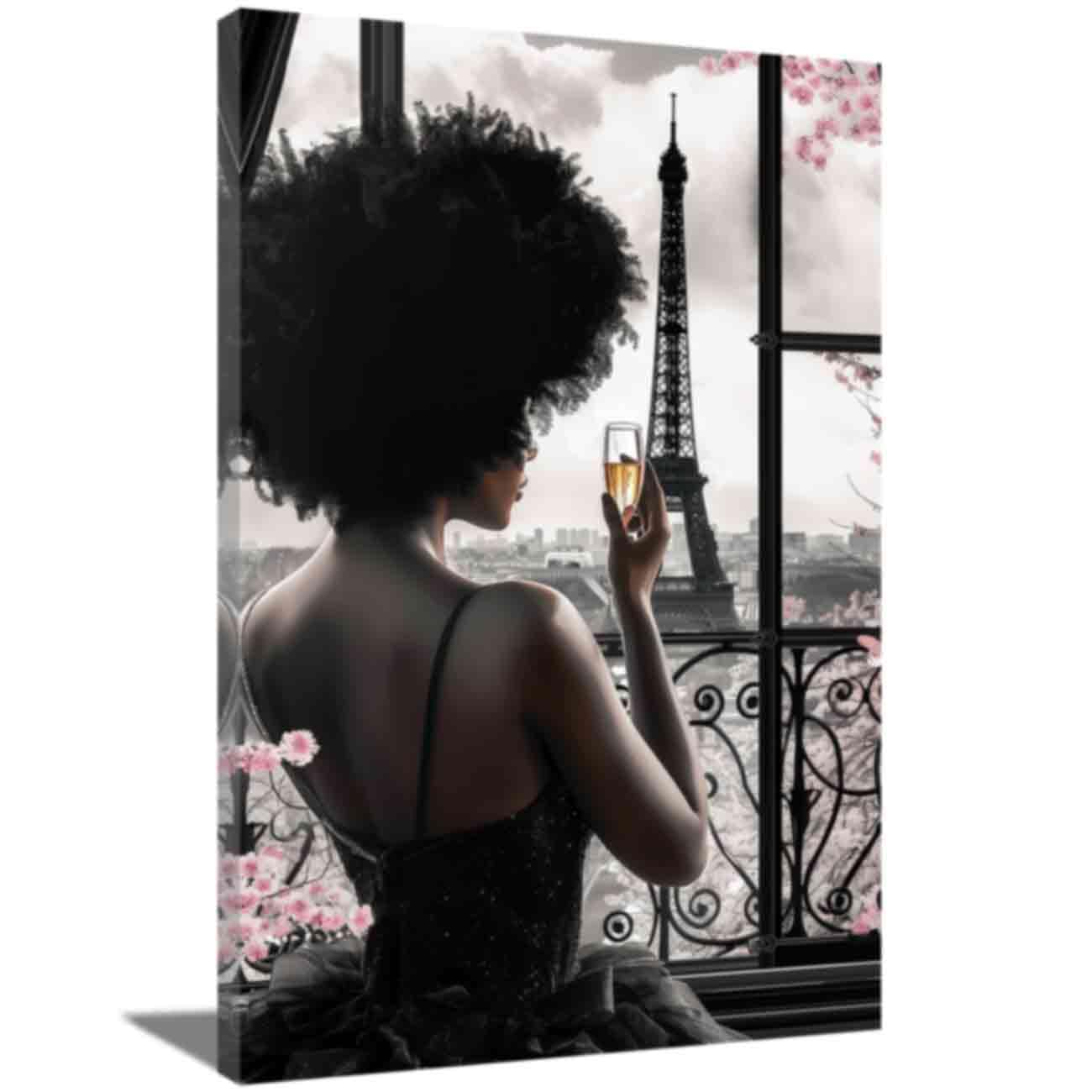 ZQQART Black Girl Canvas Wall Art African American Pictures Pink Eiffel Tower Girls Fashion Poster Prints Paris Girls Painting Girl Room Decor (Black,12W x 18L)