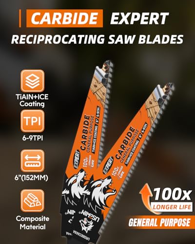 Image of Expert Reciprocating Saw Blade 3 Pack, 6 Inch 6-9TPI Carbide Saw Blades for Steel, Copper, Aluminium, Wood with Nails