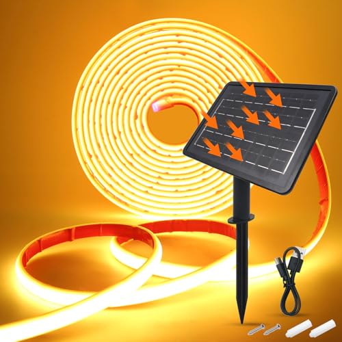 KISUFU Solar LED Streifen, 24V COB 320 LEDs/m IP68 Wasserdicht Solar Neon LED Band Strip mit 1200mah USB 8-Modus Solarzellen-Box-Controller für Garten, Veranda, Balkon, Pavillon.