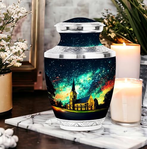 Image of Church Steeple Night Large Urns For Human Ashes Adult Male - Customized Adult Urns - Unique Cremation Urn For Ashes Dad - Personalized Urn For Ashes For Women - 10 Inch Large With Velvet Bag