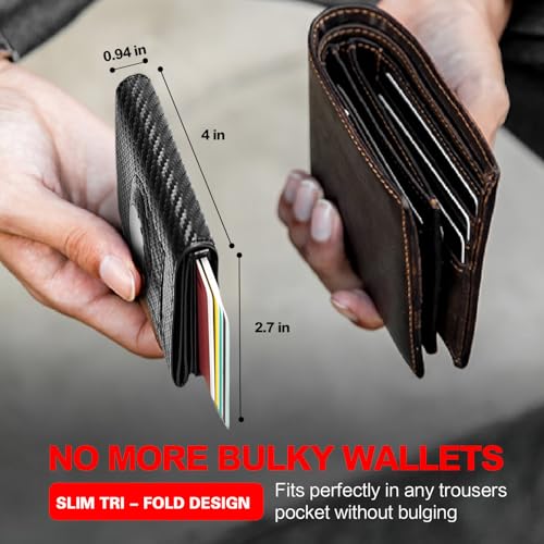 Image of Wallet for Men Minimalist Compact Pop Up Credit Card Holder, Front Pocket Smart RFID Blocking Mens Slim Wallet,Ultra Thin Trifold Mens Leather Wallets Metal (Black-Carbon Fiber 13 Card Capacity)